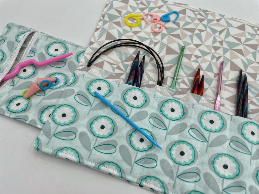 Interchangeable Knitting Needle Case, Knitting Notions Storage. Crochet Hook Roll, Knitting Needle Organizer - Petals Menthe