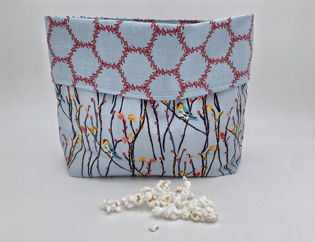 Reusable Popcorn Bag, Reusable Microwave Popcorn, Microwave Popcorn Cozy, Eco-Friendly Snack Holder - Birds Blue