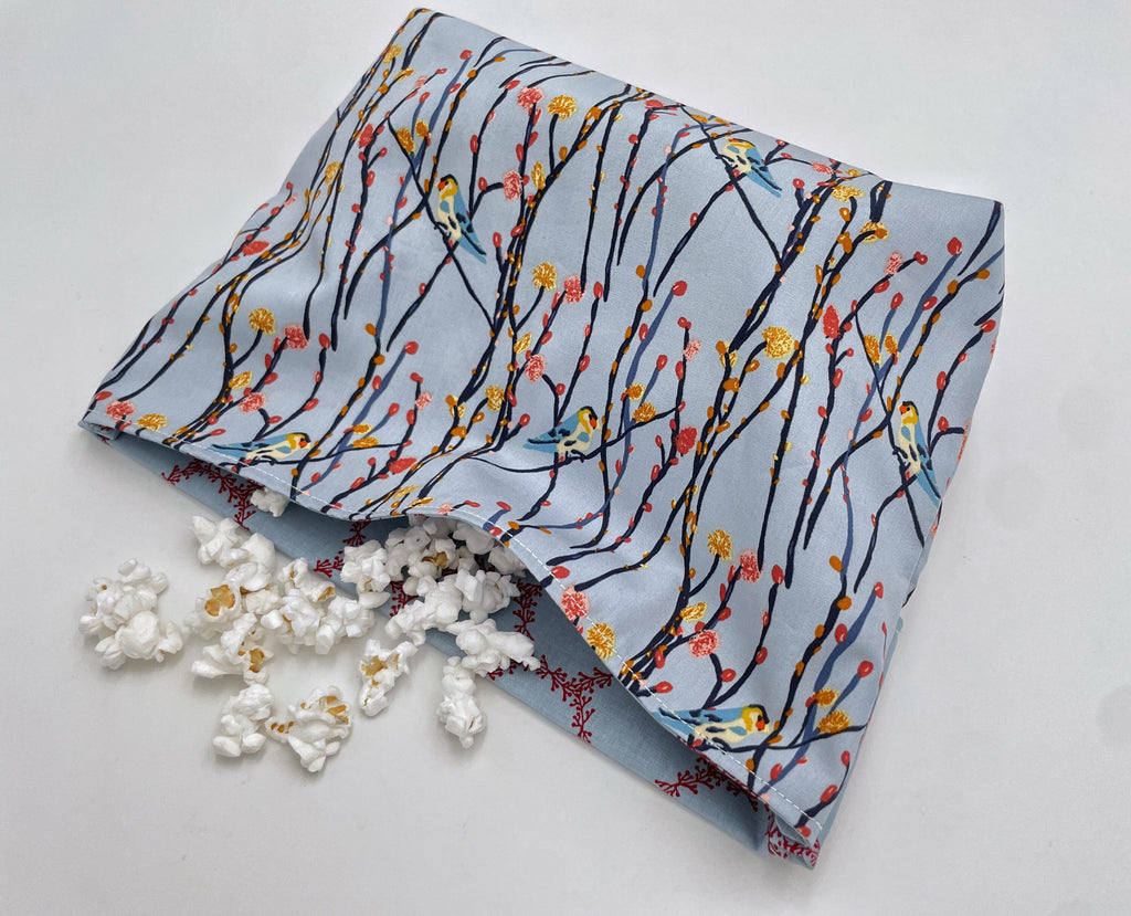 Reusable Popcorn Bag, Reusable Microwave Popcorn, Microwave Popcorn Cozy, Eco-Friendly Snack Holder - Birds Blue