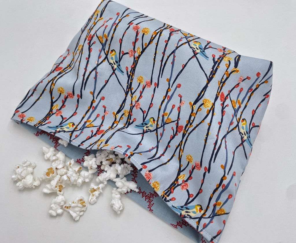 Reusable Popcorn Bag, Reusable Microwave Popcorn, Microwave Popcorn Cozy, Eco-Friendly Snack Holder - Birds Blue