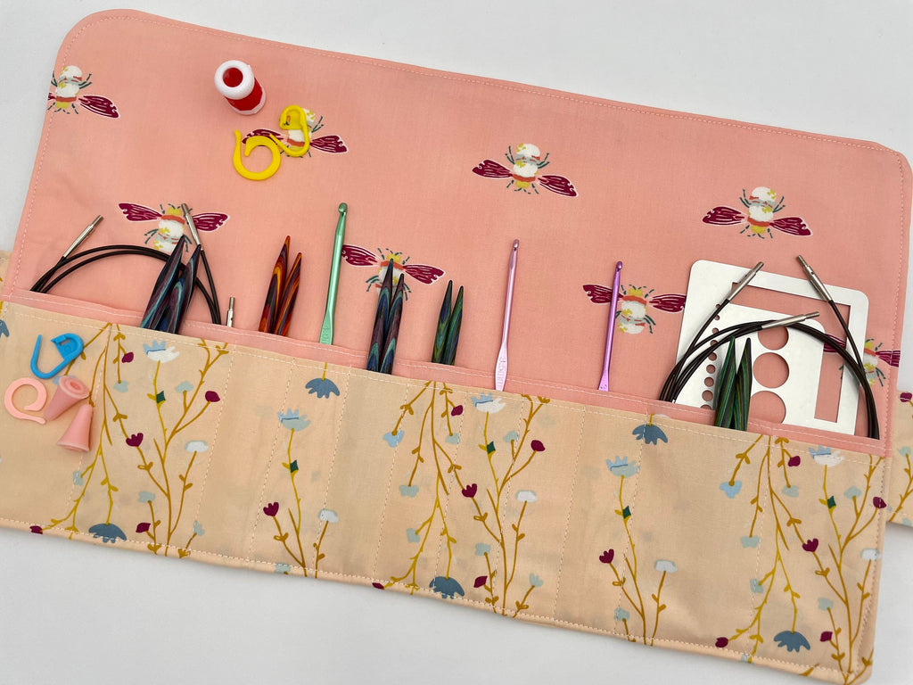 Interchangeable Knitting Needle Case, Knitting Notions Storage. Crochet Hook Roll, Knitting Needle Organizer - Peonies Blush