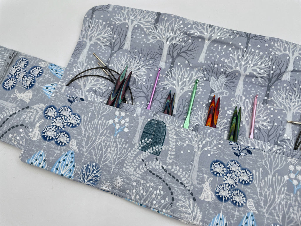 Interchangeable Knitting Needle Case, Knitting Notions Storage, Crochet Hook Roll, Knitting Needle Organizer - Winter Forest