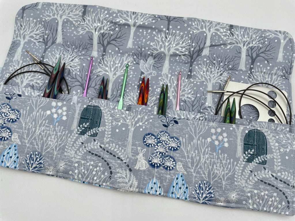 Interchangeable Knitting Needle Case, Knitting Notions Storage, Crochet Hook Roll, Knitting Needle Organizer - Winter Forest