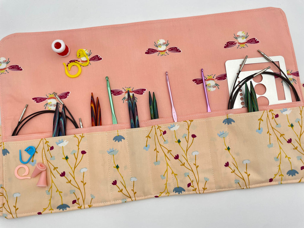 Interchangeable Knitting Needle Case, Knitting Notions Storage. Crochet Hook Roll, Knitting Needle Organizer - Peonies Blush