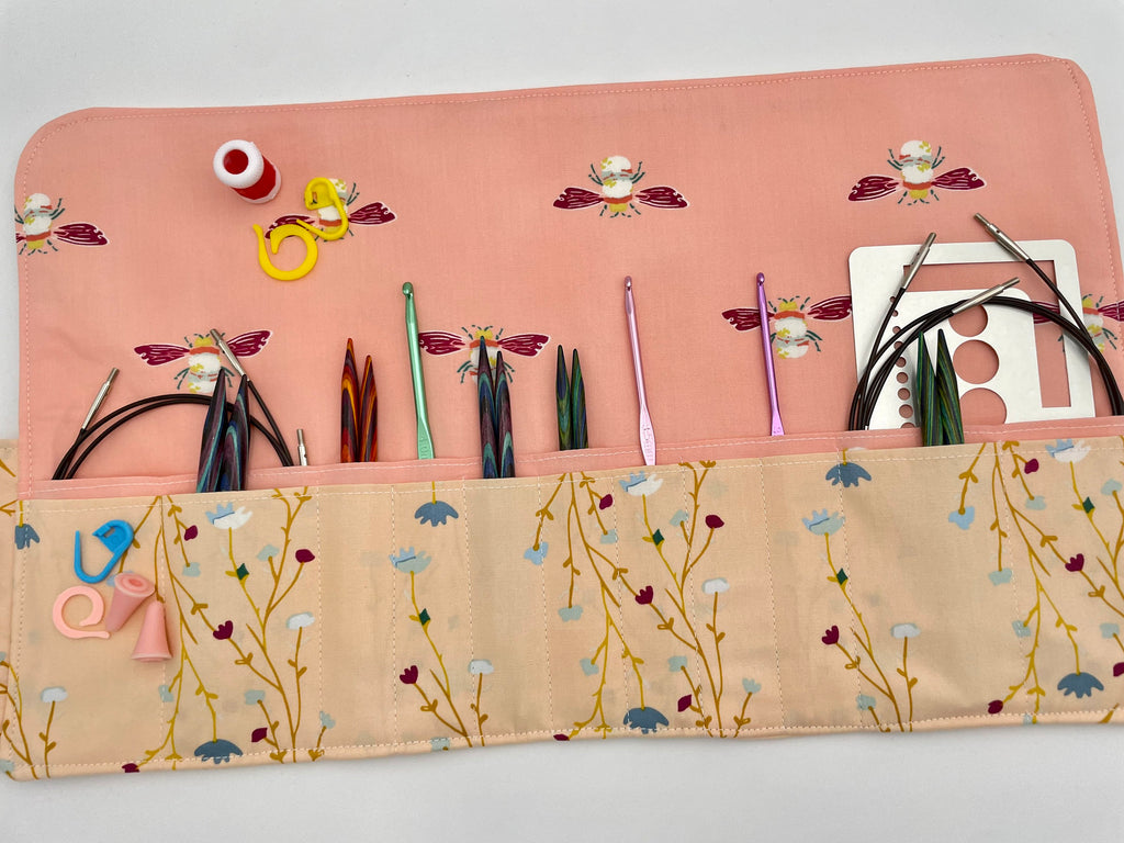 Interchangeable Knitting Needle Case, Knitting Notions Storage. Crochet Hook Roll, Knitting Needle Organizer - Peonies Blush