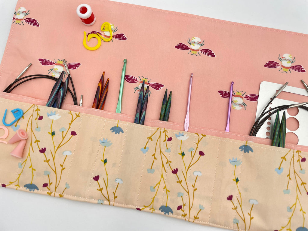 Interchangeable Knitting Needle Case, Knitting Notions Storage. Crochet Hook Roll, Knitting Needle Organizer - Peonies Blush