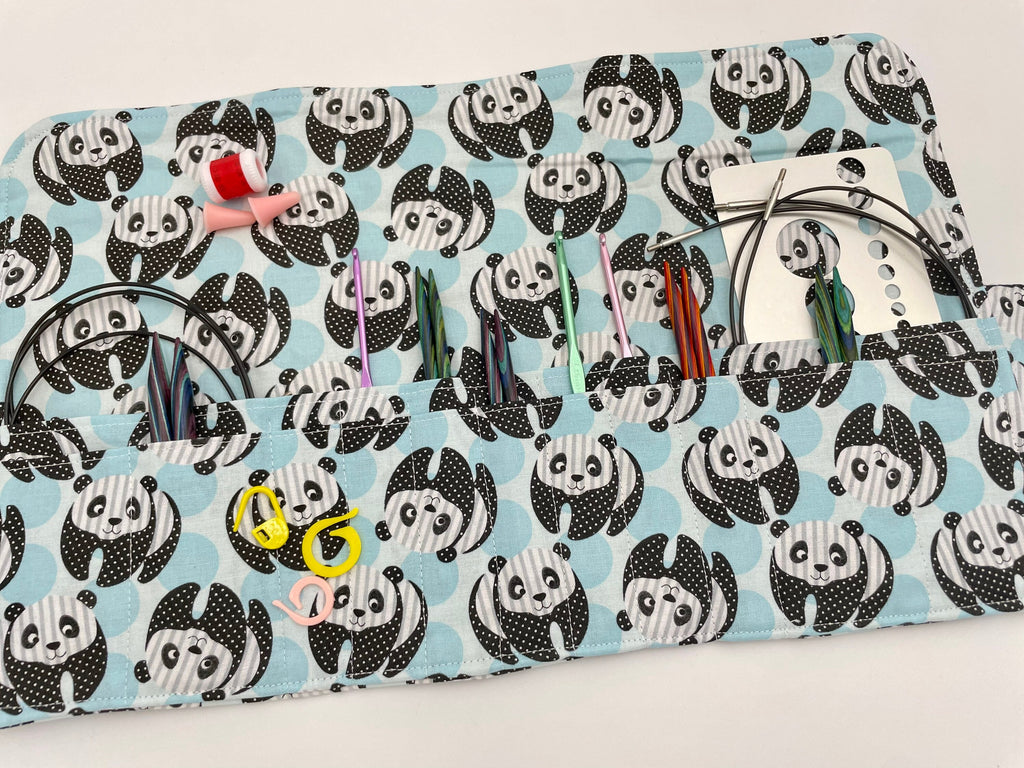 Interchangeable Knitting Needle Case, Notions Storage. Crochet Hook Roll, Knitting Needle Organizer, Panda Bear Blue