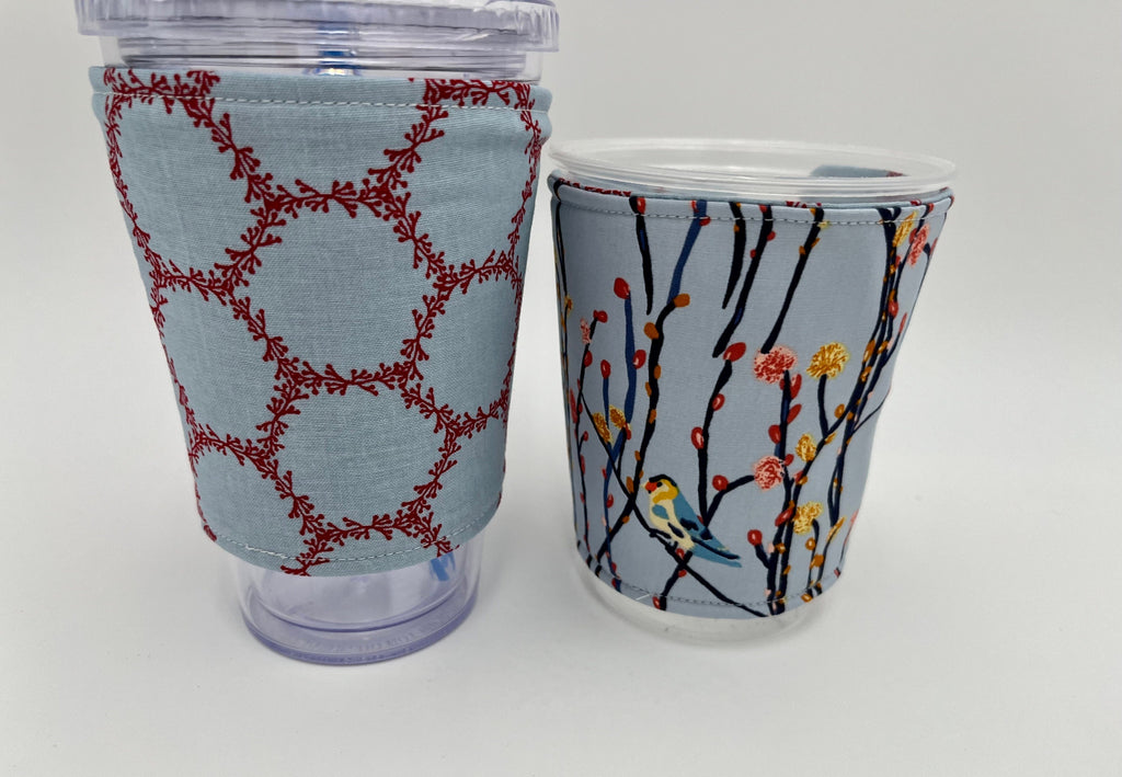 Reversible Coffee Cozy, Insulated Coffee Sleeve, Coffee Cuff, Iced Coffee Sleeve, Hot Tea Sleeve, Cold Drink Cup Cuff - birds Bblue, Red