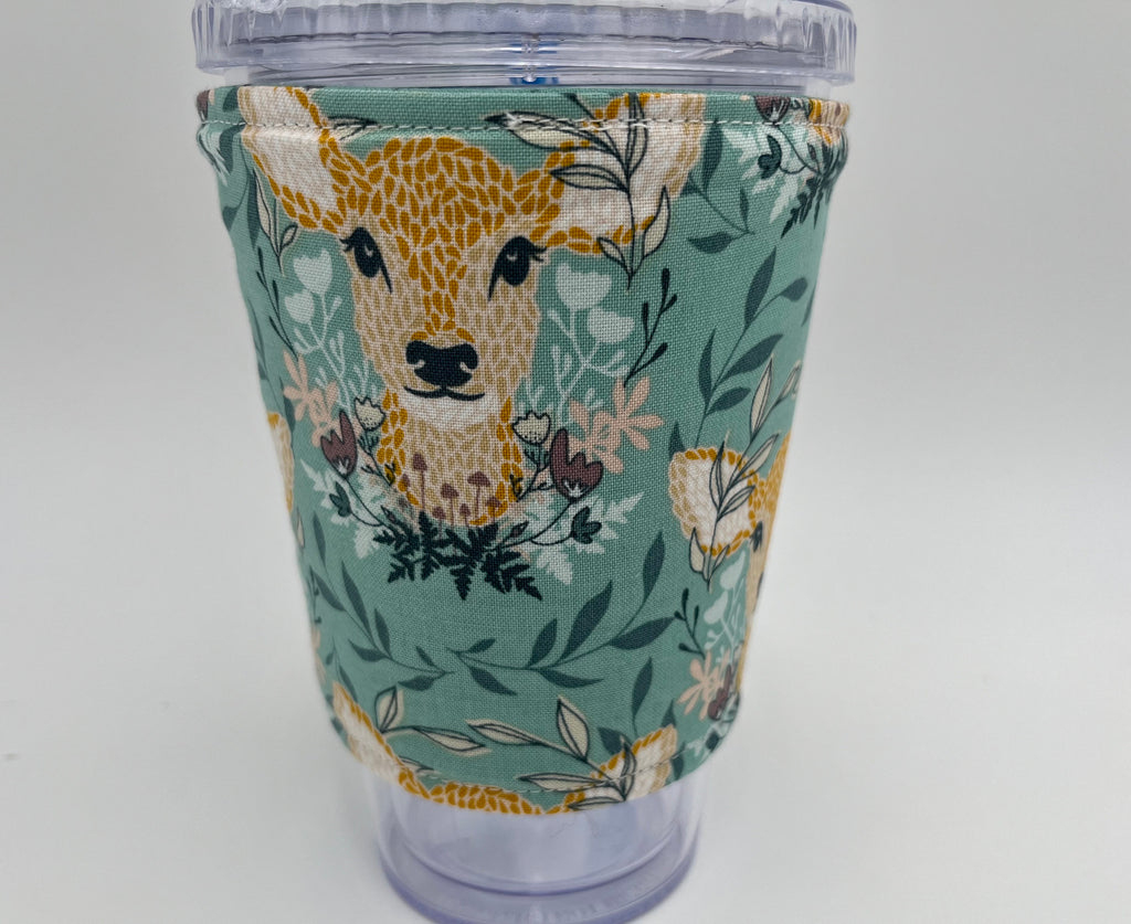 Reversible Coffee Cozy, Insulated Coffee Sleeve, Coffee Cuff, Iced Coffee Sleeve, Hot Tea Sleeve, Cold Drink Cup Cuff - Deer Honeybee Green