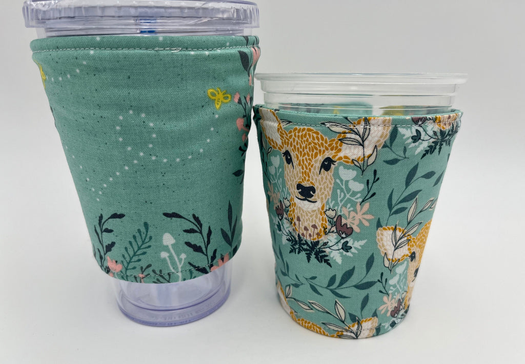 Reversible Coffee Cozy, Insulated Coffee Sleeve, Coffee Cuff, Iced Coffee Sleeve, Hot Tea Sleeve, Cold Drink Cup Cuff - Deer Honeybee Green