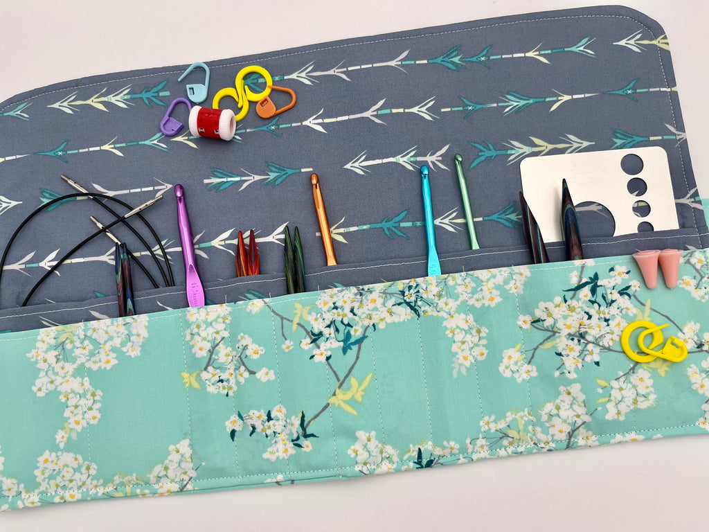 Interchangeable Knitting Needle Case, Knitting Notions Storage, Crochet Hook Roll, Knitting Needle Organizer - Green Floral