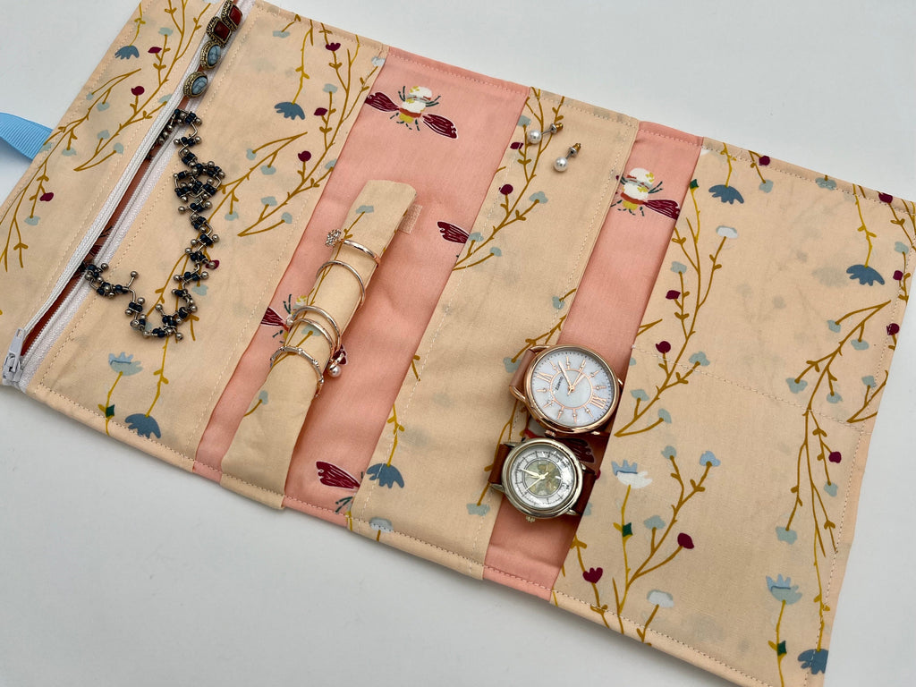 Jewelry Organizer Travel Jewelry Roll Fabric Jewelry Pouch Travel Jewelry Case Jewelry Case - Peonies Blush