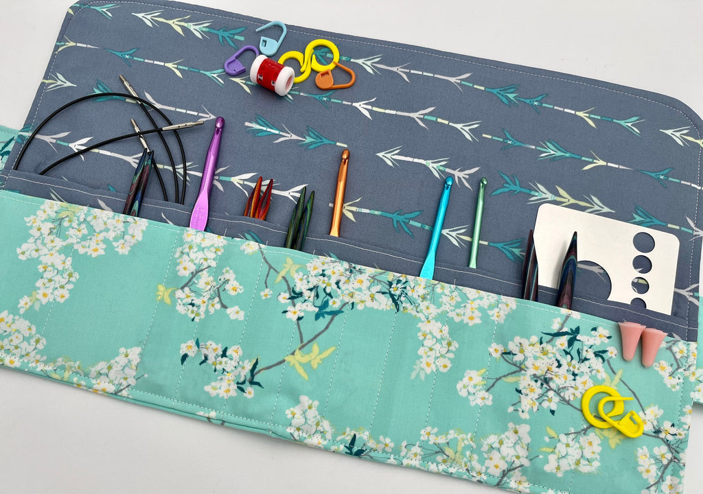 Interchangeable Knitting Needle Case, Knitting Notions Storage, Crochet Hook Roll, Knitting Needle Organizer - Green Floral