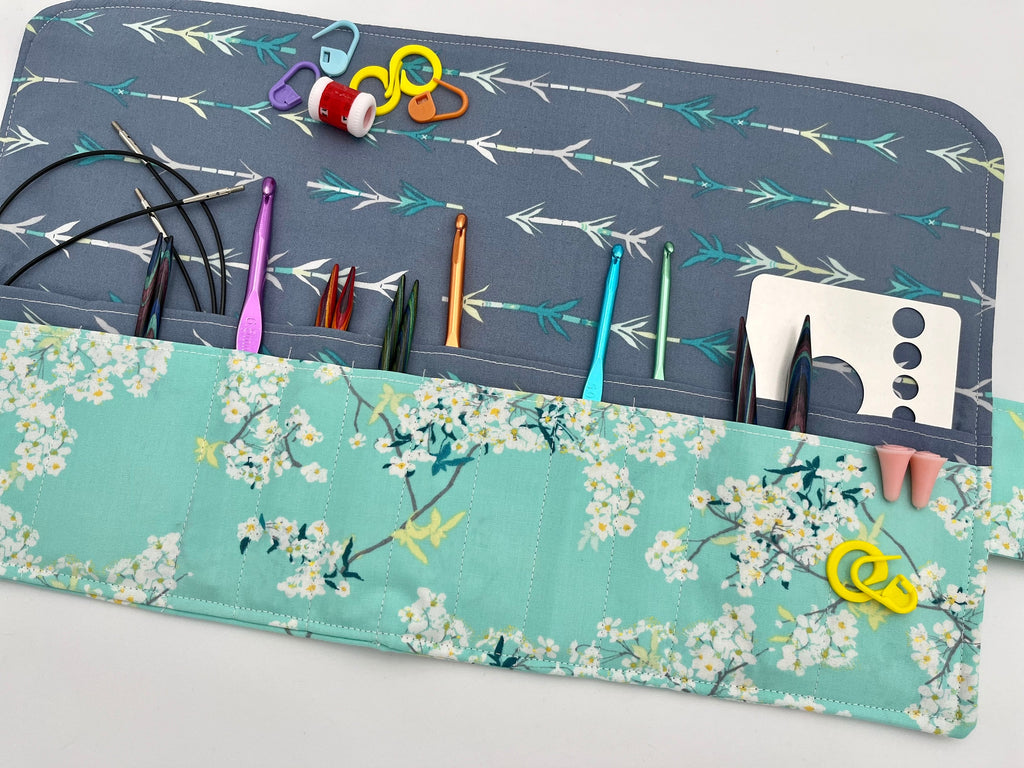 Interchangeable Knitting Needle Case, Knitting Notions Storage, Crochet Hook Roll, Knitting Needle Organizer - Green Floral