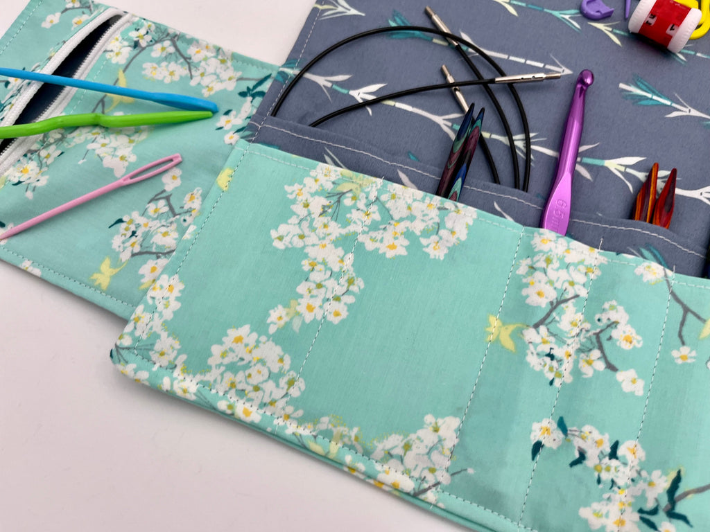 Interchangeable Knitting Needle Case, Knitting Notions Storage, Crochet Hook Roll, Knitting Needle Organizer - Green Floral