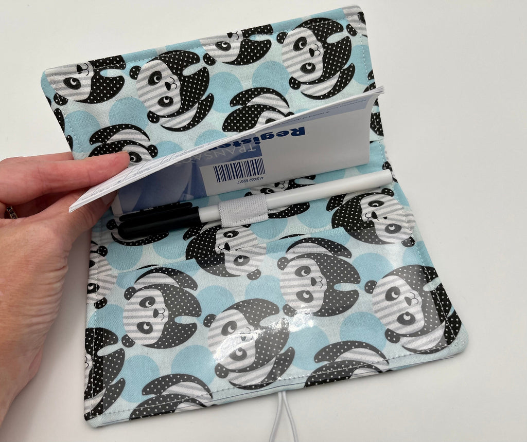 Blue Duplicate Checkbook Cover, Check Book Register, Duplicate Check Book Register, Fabric Checbook Cover - Panda Bear Blue