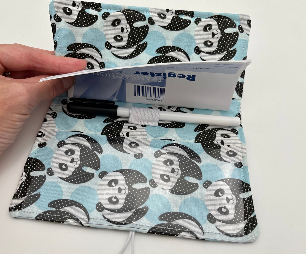 Blue Duplicate Checkbook Cover, Check Book Register, Duplicate Check Book Register, Fabric Checbook Cover - Panda Bear Blue