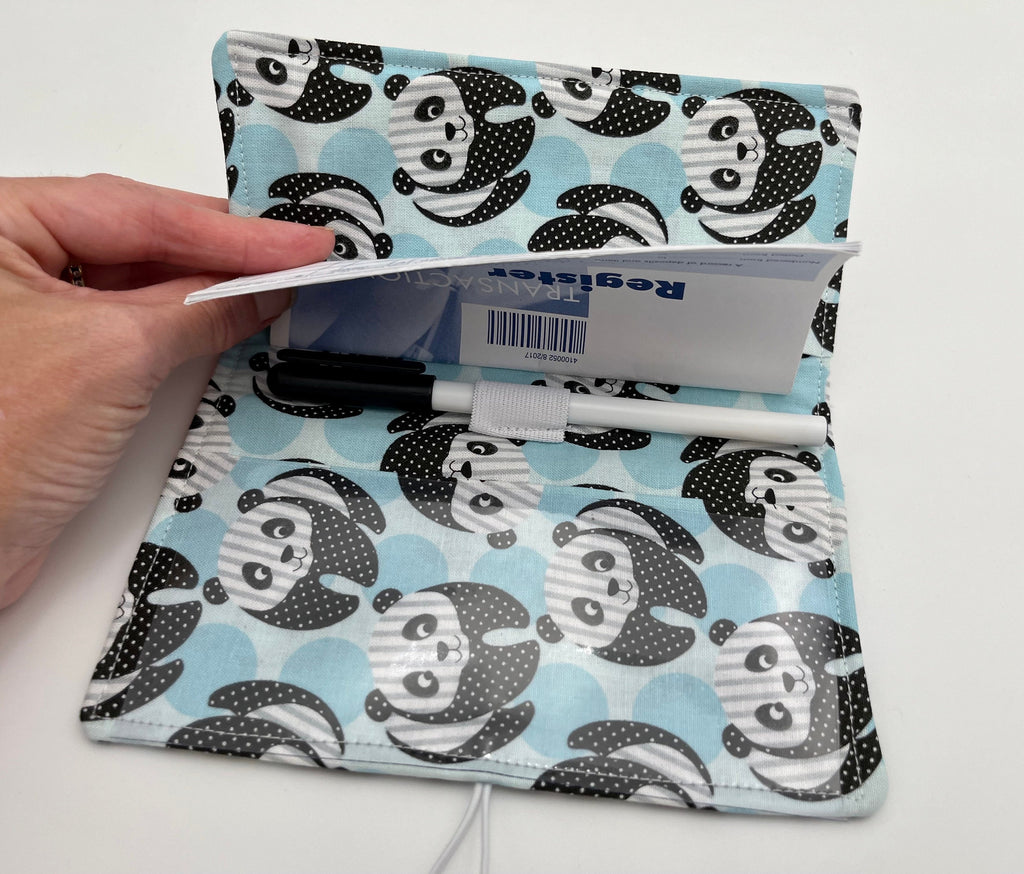 Blue Duplicate Checkbook Cover, Check Book Register, Duplicate Check Book Register, Fabric Checbook Cover - Panda Bear Blue