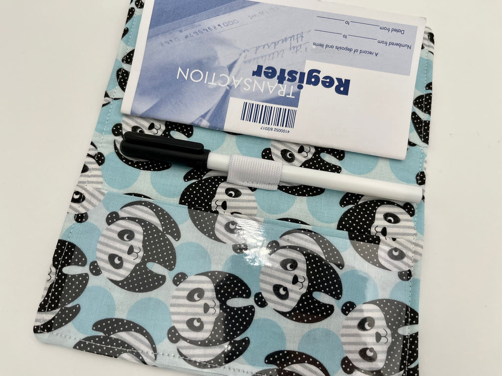 Blue Duplicate Checkbook Cover, Check Book Register, Duplicate Check Book Register, Fabric Checbook Cover - Panda Bear Blue