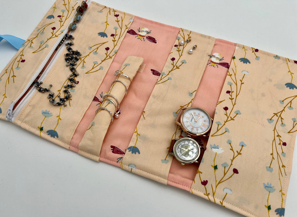 Jewelry Organizer Travel Jewelry Roll Fabric Jewelry Pouch Travel Jewelry Case Jewelry Case - Peonies Blush