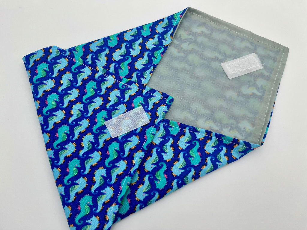 Reusable Sandwich Bag, Mermaid Sandwich Wrap, Reusable Sandwich Mat - Sea Horses Blue