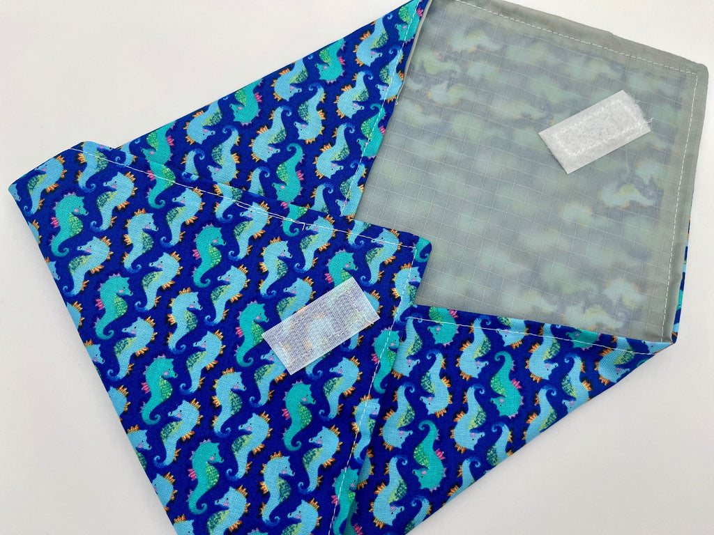 Reusable Sandwich Bag, Mermaid Sandwich Wrap, Reusable Sandwich Mat - Sea Horses Blue