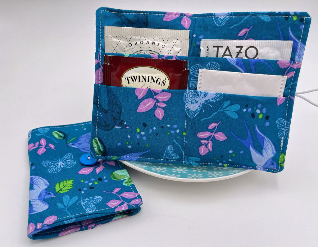 Tea Wallet, Tea Bag Holder, Tea Bag Wallet, Teabag Wallet, Teabag Holder, Tea Bag Cozy - Anew Birds Teal Blue