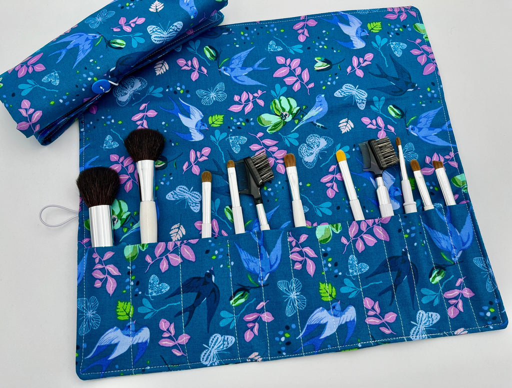 Blue Makeup Brush Roll, Makeup Brush Organizer, Makeup Brush Holder, Makeup Brush Bag, Cosmetic Brush Roll - Anew Birds Teal Blue