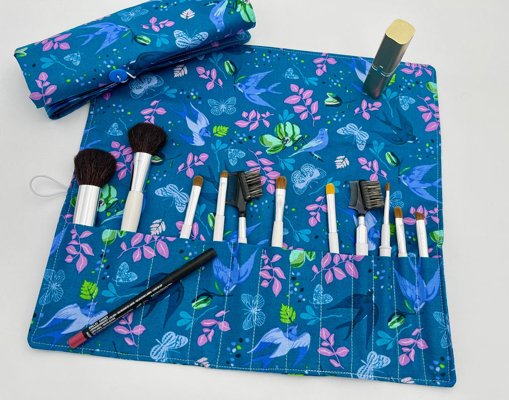 Blue Makeup Brush Roll, Makeup Brush Organizer, Makeup Brush Holder, Makeup Brush Bag, Cosmetic Brush Roll - Anew Birds Teal Blue