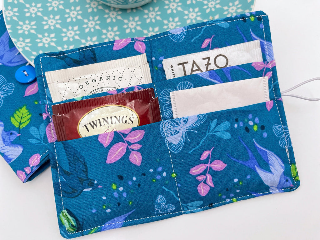 Tea Wallet, Tea Bag Holder, Tea Bag Wallet, Teabag Wallet, Teabag Holder, Tea Bag Cozy - Anew Birds Teal Blue