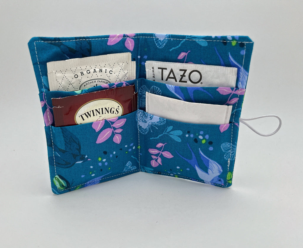 Tea Wallet, Tea Bag Holder, Tea Bag Wallet, Teabag Wallet, Teabag Holder, Tea Bag Cozy - Anew Birds Teal Blue