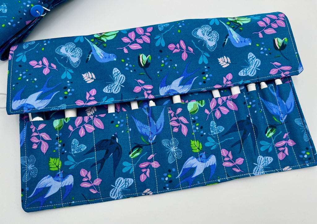 Blue Makeup Brush Roll, Makeup Brush Organizer, Makeup Brush Holder, Makeup Brush Bag, Cosmetic Brush Roll - Anew Birds Teal Blue