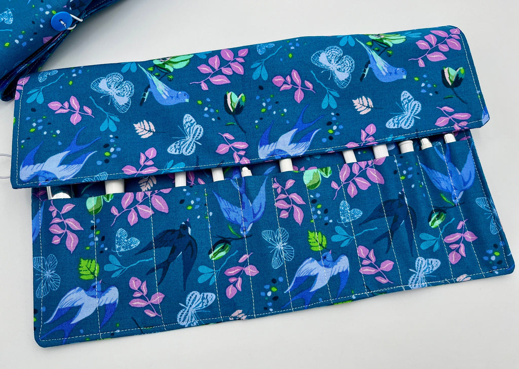 Blue Makeup Brush Roll, Makeup Brush Organizer, Makeup Brush Holder, Makeup Brush Bag, Cosmetic Brush Roll - Anew Birds Teal Blue