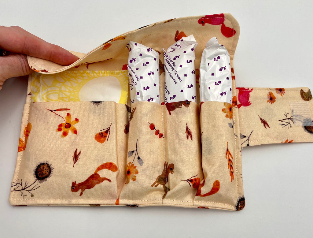 Privacy Pouch, Cream Tampon Case, Sanitary Pad Case, Pad Holder, Tampon Bag, Tampon Holder - Squirrels Autumn