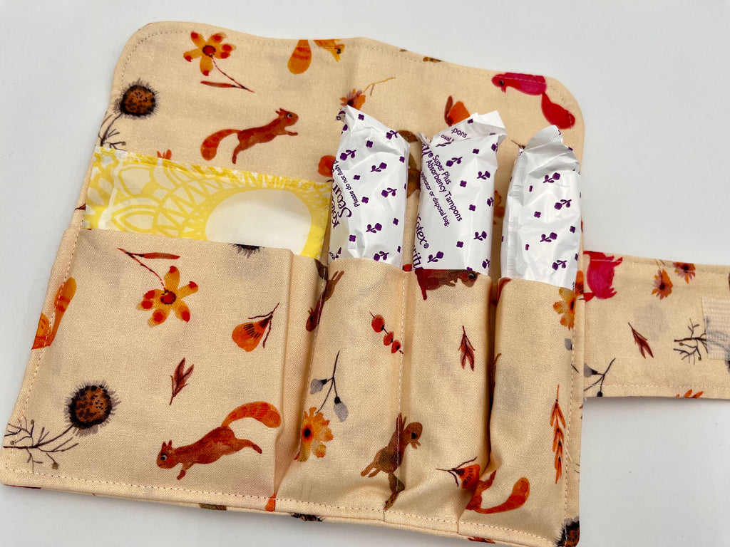 Privacy Pouch, Cream Tampon Case, Sanitary Pad Case, Pad Holder, Tampon Bag, Tampon Holder - Squirrels Autumn