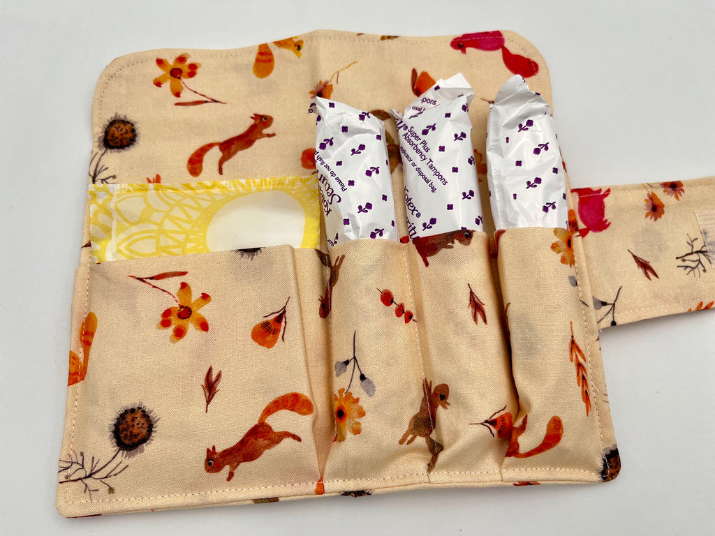 Privacy Pouch, Cream Tampon Case, Sanitary Pad Case, Pad Holder, Tampon Bag, Tampon Holder - Squirrels Autumn