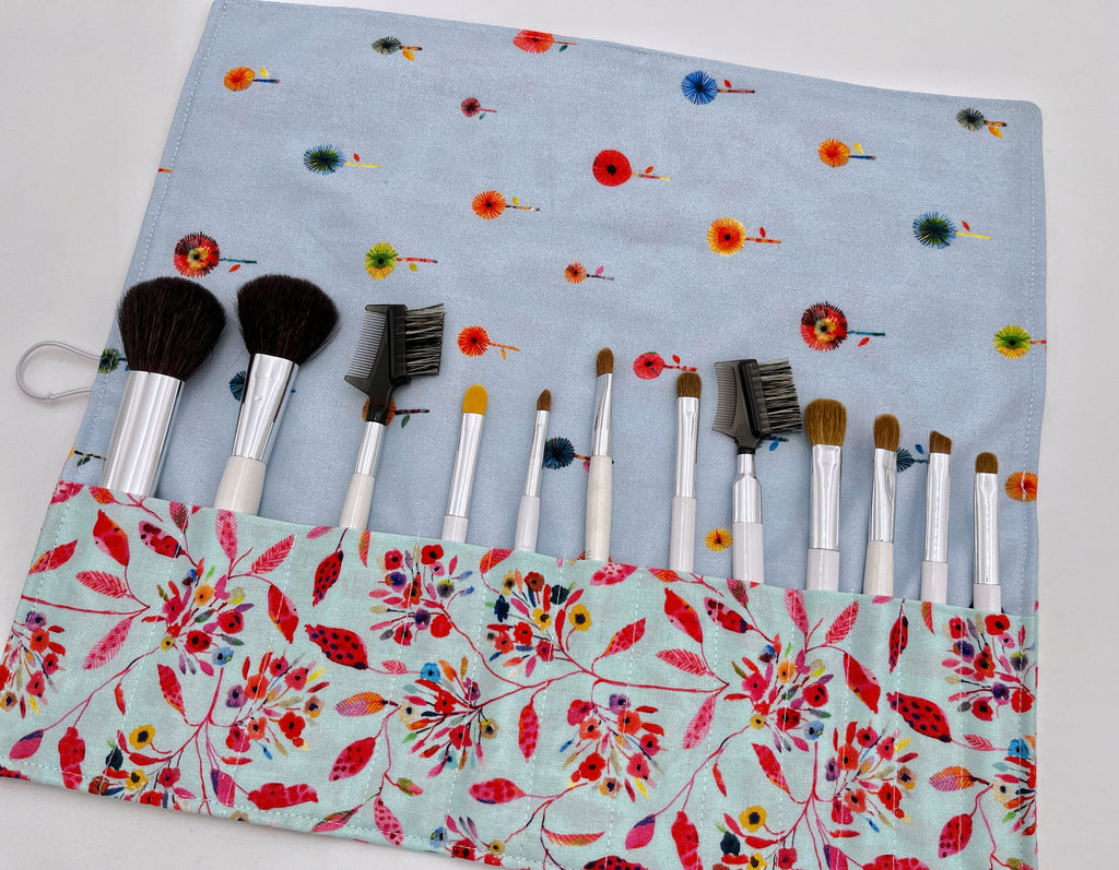 Makeup Brush Roll, Makeup Brush Holder, Travel Makeup Brush Case, Travel Make Up Brush Bag, Cosmetic Brush Roll Up - Flora Breeze Blue