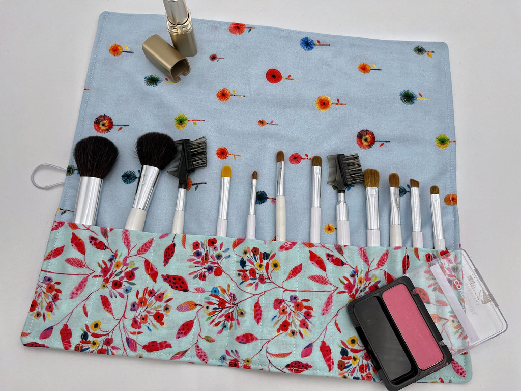 Makeup Brush Roll, Makeup Brush Holder, Travel Makeup Brush Case, Travel Make Up Brush Bag, Cosmetic Brush Roll Up - Flora Breeze Blue