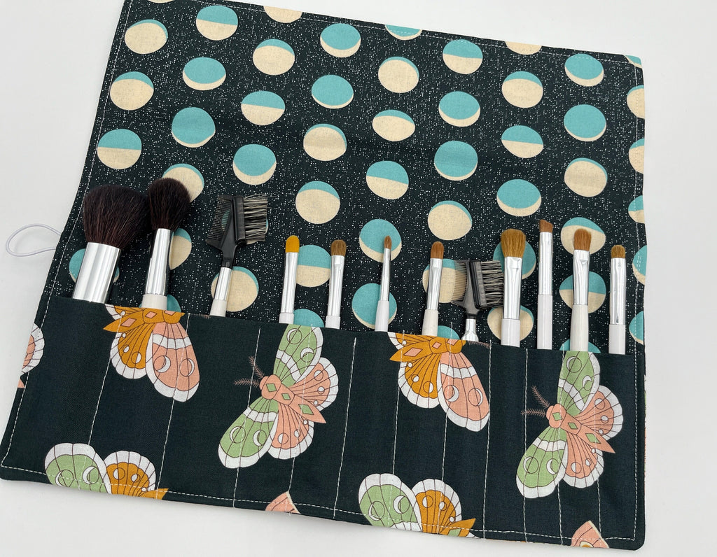 Travel Makeup Brush Roll Holder, Makeup Brush Bag, Makeup Brush Organizer, Makeup Brush Case - Lunar Moth Night