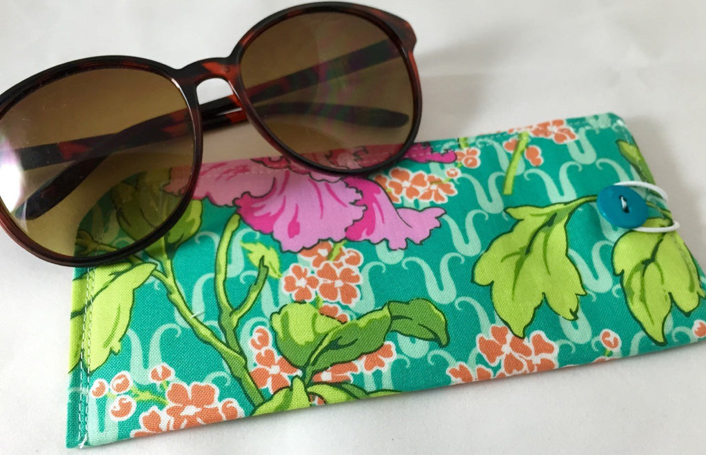 Green Fabric Eye Glass Case, Pink Floral Sunglasses Pouch, Eyeglass Padded Sleeve - EcoHip Custom Designs