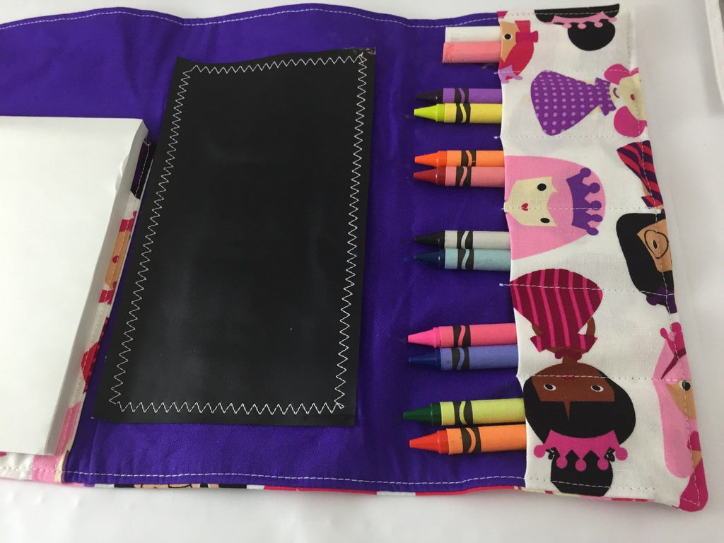 Princess Crayon Case, Pink Chalk Board Mat, Chalk, Pencil Roll Up, Creative Travel Toy for Toddlers - EcoHip Custom Designs