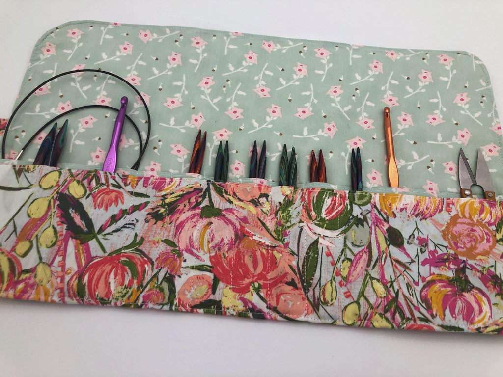 Interchangeable Knitting Needle Case, Fabric Crochet Hook Roll, Knitting Needle Storage, Pink - EcoHip Custom Designs