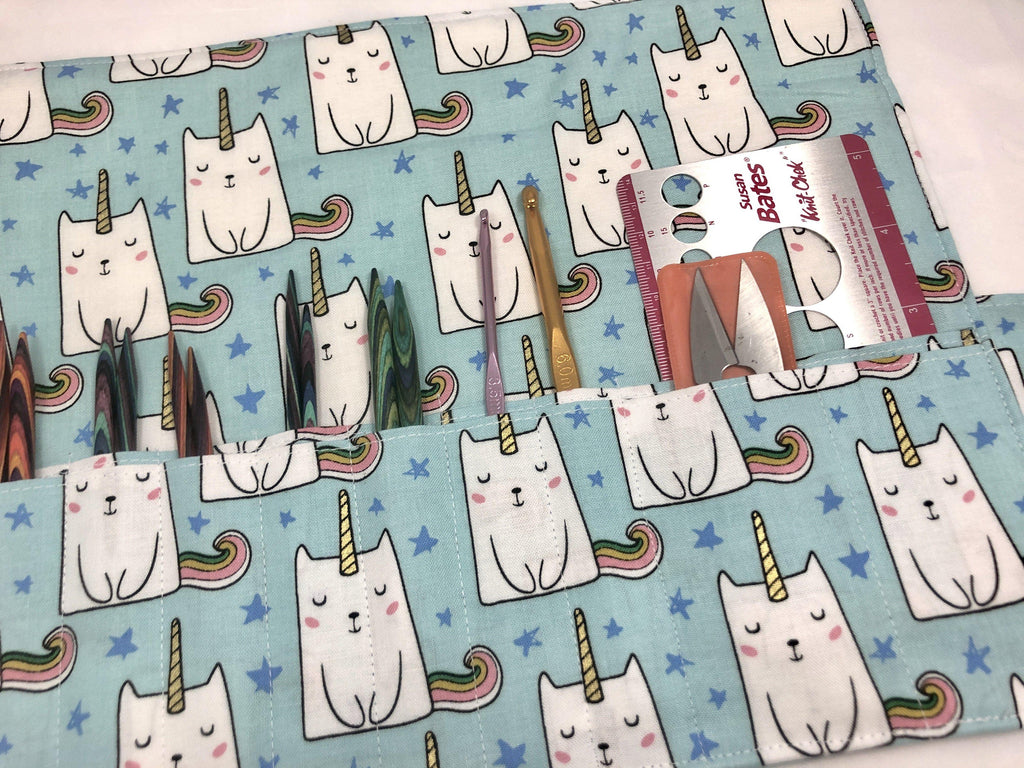 Knitting Needle Case, Interchangeable Knitting Needle Storage, Crochet Hook Roll, Cats - EcoHip Custom Designs