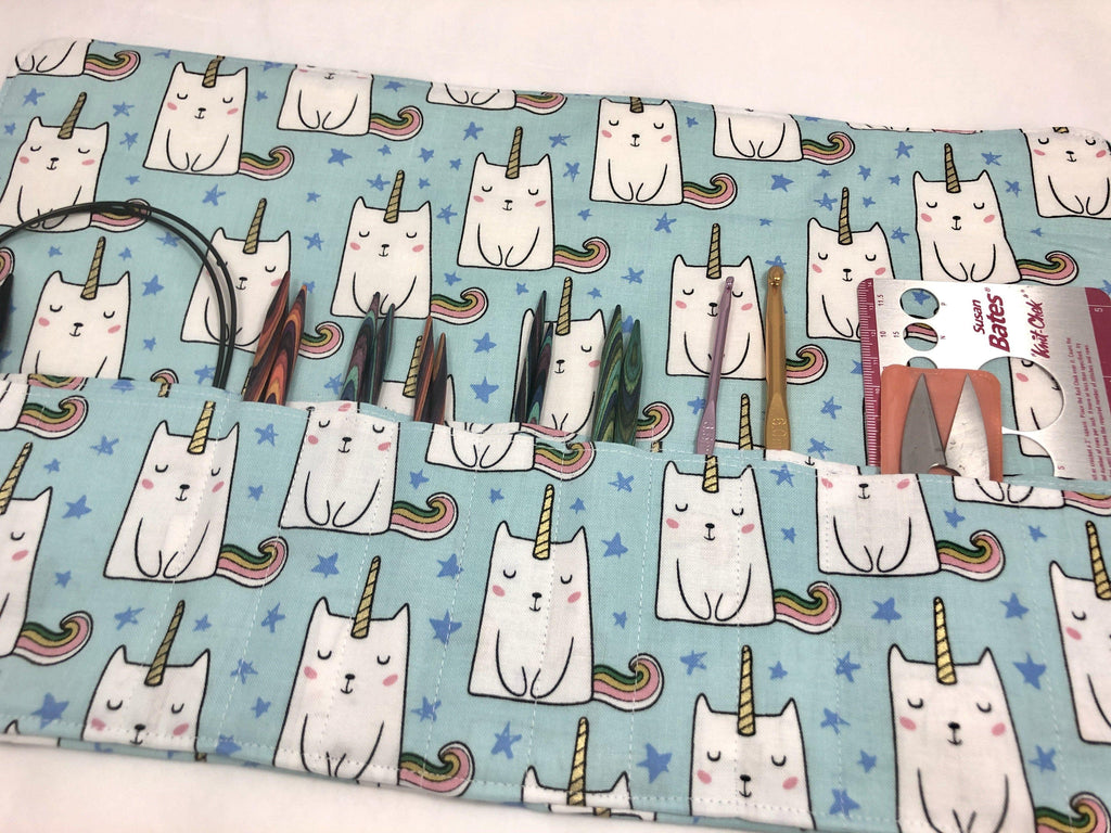 Knitting Needle Case, Interchangeable Knitting Needle Storage, Crochet Hook Roll, Cats - EcoHip Custom Designs