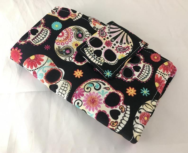 Privacy Tampon and Sanitary Pad Bag Holder, Feminine Products Cozy, Wallet, Sugar Skulls - EcoHip Custom Designs