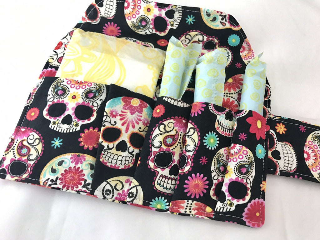 Privacy Tampon and Sanitary Pad Bag Holder, Feminine Products Cozy, Wallet, Sugar Skulls - EcoHip Custom Designs