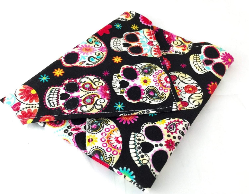 Reusable Sandwich Bag Wrap, Sugar Skulls, Black Fabric - EcoHip Custom Designs