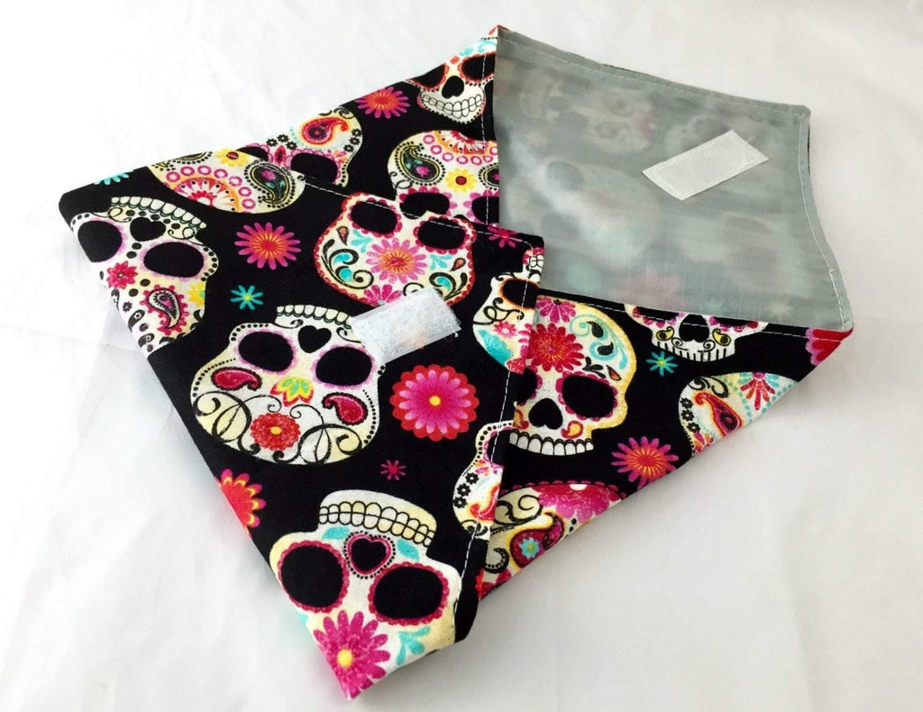 Reusable Sandwich Bag Wrap, Sugar Skulls, Black Fabric - EcoHip Custom Designs