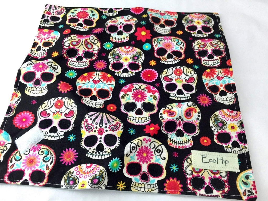 Reusable Sandwich Bag Wrap, Sugar Skulls, Black Fabric - EcoHip Custom Designs