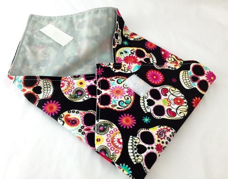 Reusable Sandwich Bag Wrap, Sugar Skulls, Black Fabric - EcoHip Custom Designs